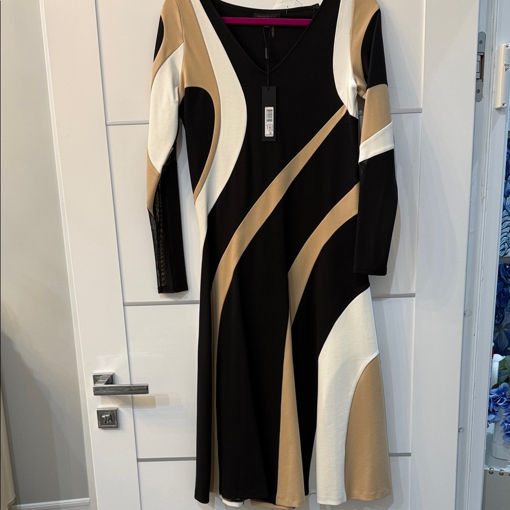 Donna Karen Black and Tan midi Sleeve Dress